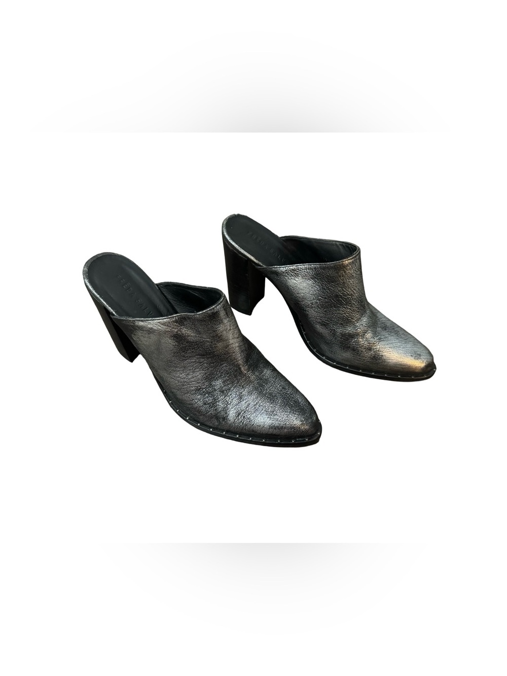 Freda Salvador Metallic Black Pointed-Toe Block Heel Mules